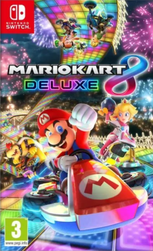 Jaquette Nintendo Switch de Mario Kart 8 Deluxe montrant Mario en kart sur une piste arc-en-ciel lumineuse, avec la princesse Peach et Bowser en arrière-plan, le logo du jeu et la classification PEGI 3.