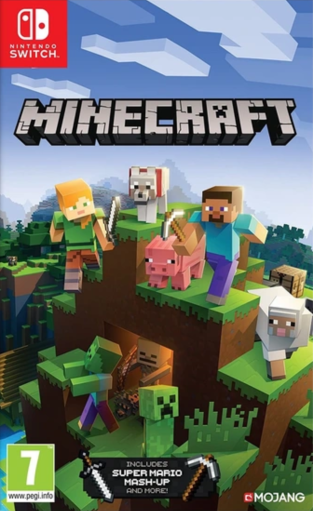 Jaquette Nintendo Switch de Minecraft montrant les personnages Steve et Alex sur un monde cubique avec un cochon, un loup et un mouton, affrontant des créatures comme un zombie et un creeper, avec la classification PEGI 7.