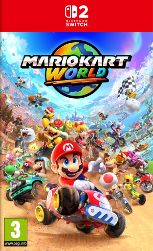 Jaquette Nintendo Switch 2 de Mario Kart World montrant Mario en tête d’une course en kart entouré de nombreux personnages de l’univers Mario, sur un circuit coloré, avec le logo du jeu et la classification PEGI 3.